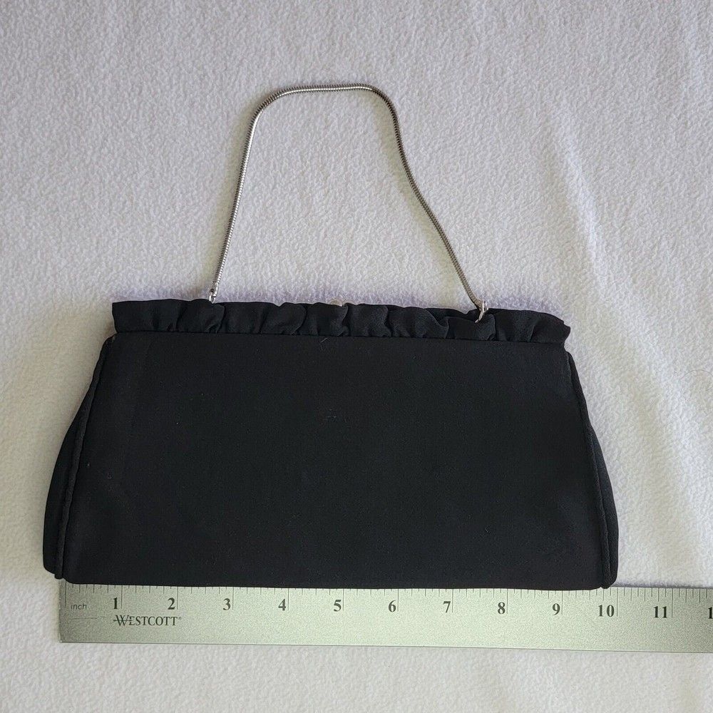 Vintage Satin Evening Clutch Hand Purse Little Black Bag Silver Tone Metal GUC - Picture 2 of 8